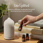 A hand places a bottle of Cliganic Organic Lemongrass Essential Oil – Drop of Purification near a white diffuser on a table with books and other essential oil bottles. Text reads: Live Uplifted. Add to your diffuser to elevate the spirit & enhance your environment.