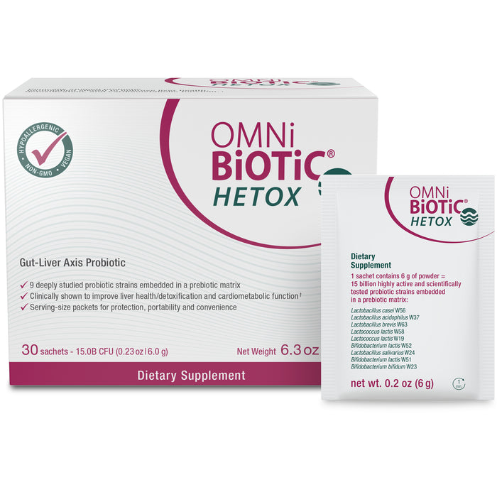 Front view of OMNi-BiOTiC HETOX dietary supplement box and a single sachet. The box highlights it as a gut-liver axis probiotic with 30 sachets, and lists benefits and ingredients.
