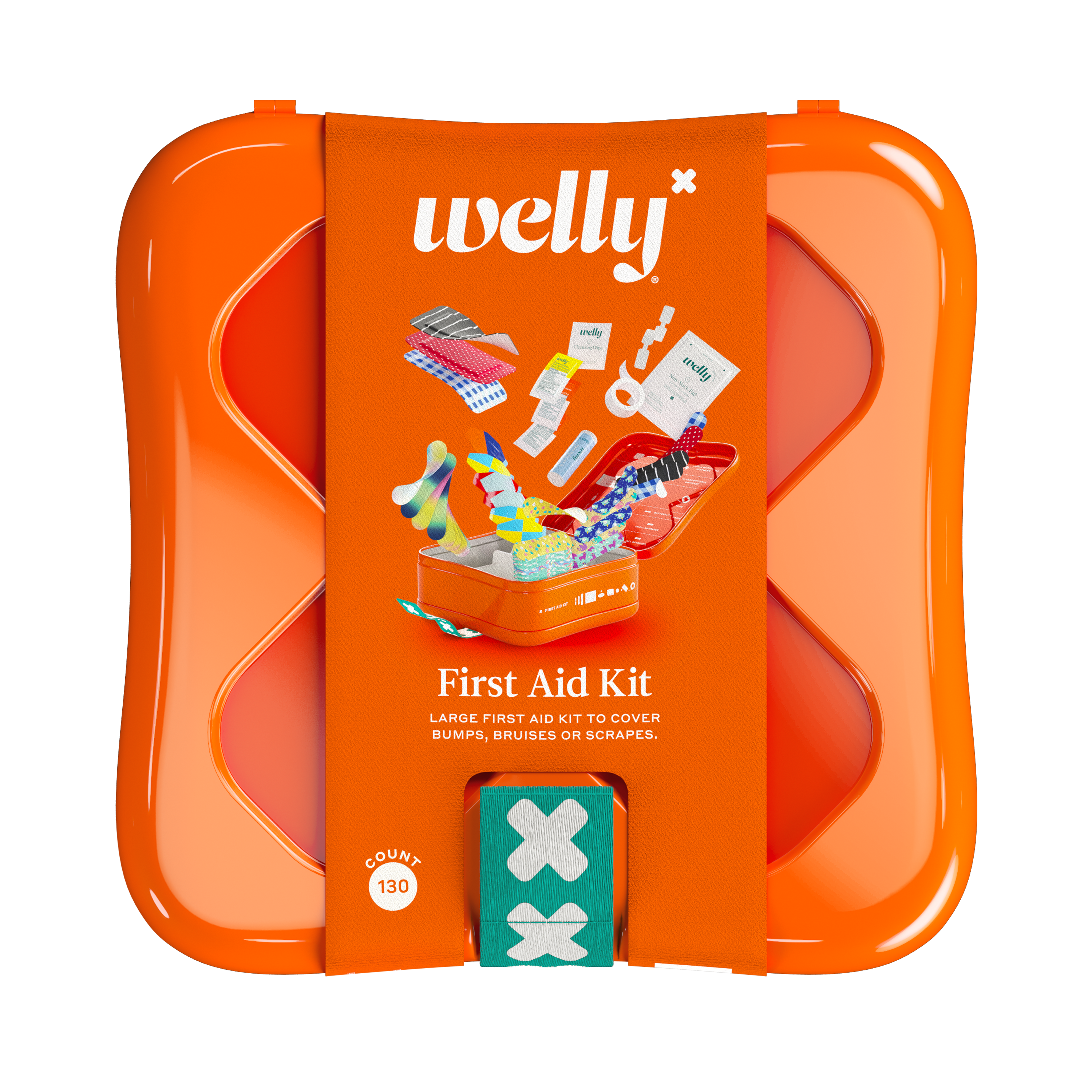 The vibrant orange Welly First Aid Kit features flex fabric bandages and organized ointments, designed for treating bumps, bruises, or scrapes with a total of 130 items.