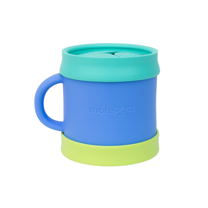 A blue mug with a handle, featuring a green base and a teal lid. The word morepeas is embossed on the side. The mug is made of a smooth, matte material and is set against a white background.
