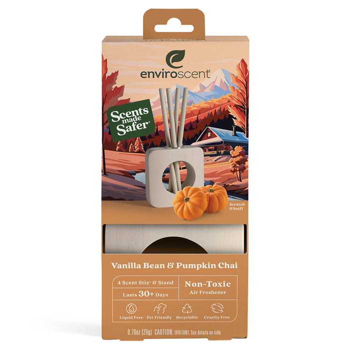 Box of Enviroscent Vanilla Bean & Pumpkin Chai non-toxic air freshener with four scent sticks and stand. Packaging features autumn scenery and pumpkins. Text highlights safety, non-toxicity, and eco-friendly qualities.