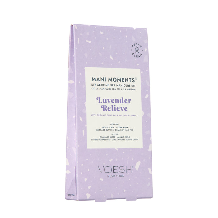 A lavender-colored box labeled MANI MOMENTS DIY At-Home Spa Manicure Kit: Lavender Relieve by VOESH New York, featuring vegan and clean product icons and a list of included manicure items.