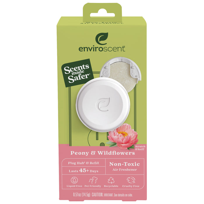 A box of Enviroscent Plug Hub+ Refill air freshener in Peony & Wildflowers scent. The packaging is green and pink, highlighting features like non-toxic, lasts 45+ days, pet friendly, recyclable, and cruelty-free.