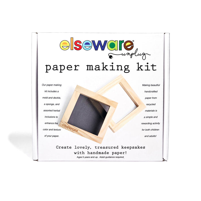 Image of the Paper Making Kit by Elseware Unplug. The kit includes two wooden frames and black screen materials, perfect for ages 5+ to create handmade recycled paper. Encourage creativity using eco-friendly, recycled materials.