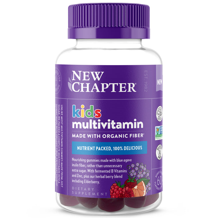 A bottle of New Chapter Kids Multivitamin gummies with a purple cap and label, featuring images of berries and text highlighting organic fiber, nutrient-packed, and herbal berry blend, including elderberry.