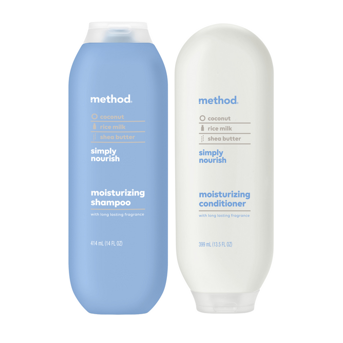 The Method Shampoo + Conditioner Set includes two bottles: a blue moisturizing shampoo and a white conditioner, both labeled Simply Nourish with coconut, rice milk, and shea butter. Crafted with self-care in mind, each bottle is made from recycled plastic and contains cruelty-free ingredients.