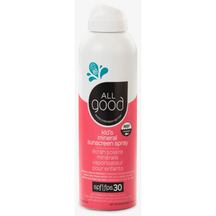 A white and pink spray can of All Good Kid’s Mineral Sunscreen Spray SPF 30, labeled as reef friendly and suitable for children, with text in both English and French.