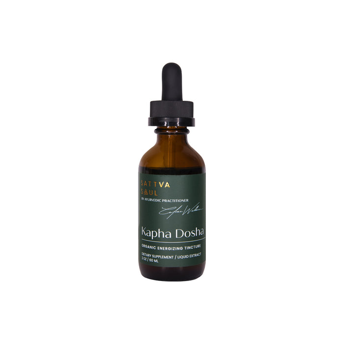 A brown glass dropper bottle labeled Sattva Soul Kapha Dosha Uplifting Energizing Tincture, dietary supplement, liquid extract, 2 oz (60 ml) against a white background.
