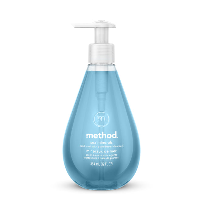 The method Gel Hand Soap Starter Set in Sea Minerals comes in a clear, teardrop-shaped 354 ml (12 fl oz) pump bottle. Labeled in English and French, its perfect for refilling your favorite dispenser.