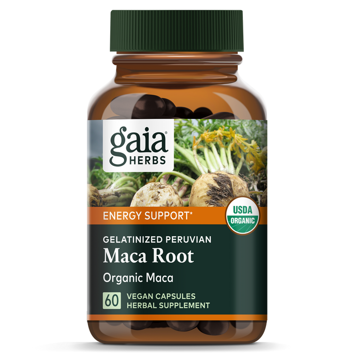 A brown bottle of Gaia Herbs Maca Root vegan capsules, labeled as gelatinized Peruvian, organic, and USDA organic, with 60 herbal supplement capsules for energy support. The label features images of maca plants.