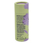 A cylindrical cardboard tube with a green and purple floral design. The label shows usage instructions, a list of organic ingredients, brand information, and states the package is plastic-free and made in the USA.