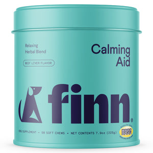 A teal tin labeled Finn contains 90 beef liver-flavored soft chews. These natural ingredient calming aid supplements help alleviate dog anxiety and feature a quality seal with the NASC logo.