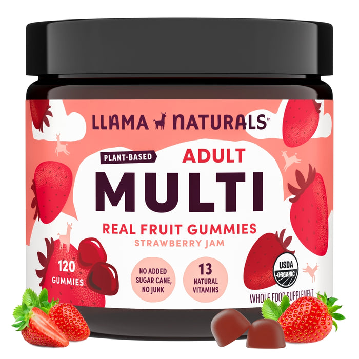A jar of Llama Naturals Adult Multi plant-based gummies, strawberry jam flavor. The label features strawberries, states 120 gummies, 13 natural vitamins, no added sugar cane, and USDA organic certification.