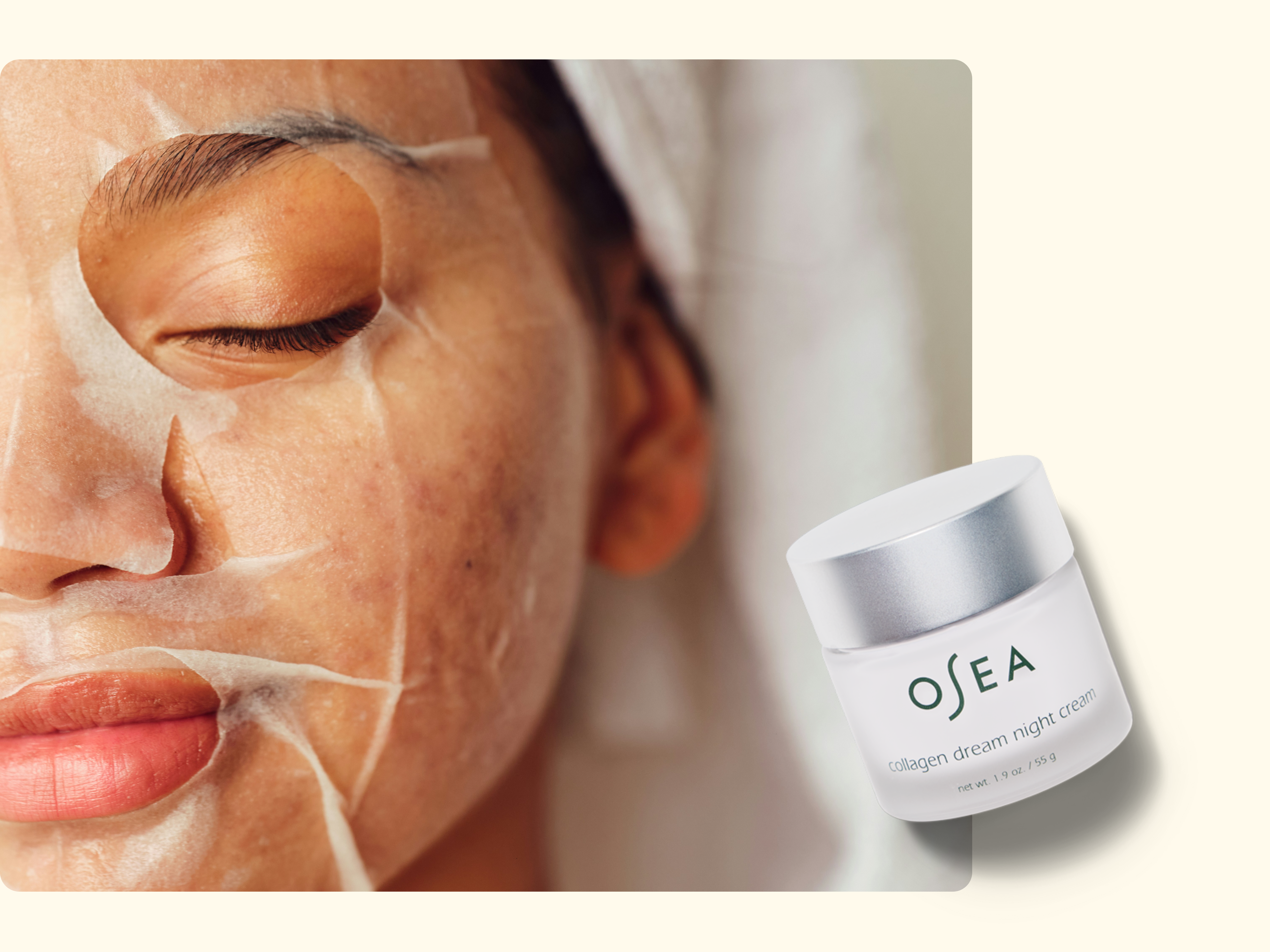 A woman with closed eyes wears a sheet face mask, and a jar of OSEA Collagen Dream Night Cream is displayed in the bottom right corner. The background is light and minimal.