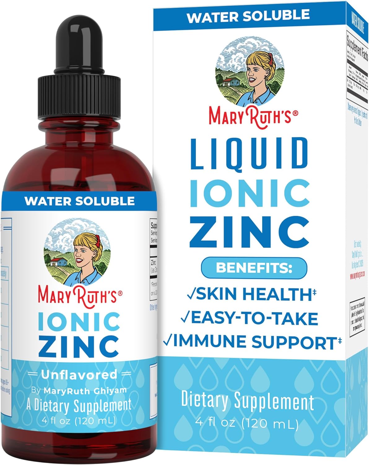 MaryRuths Liquid Ionic Zinc, a dietary supplement with a dropper, supports immunity and skin health. Its an unflavored, water-soluble trace mineral in a 4 fl oz (120 mL) bottle.