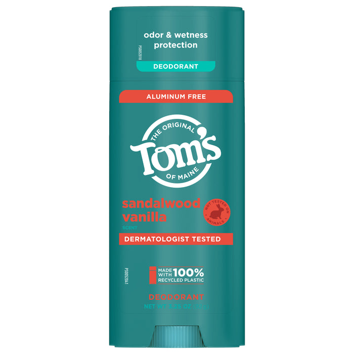 A teal stick of Tom’s of Maine deodorant labeled sandalwood vanilla, aluminum free, dermatologist tested, and made with 100% recycled plastic. The packaging highlights odor and wetness protection.