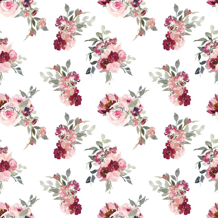 A repeating pattern of watercolor-style floral bouquets with pink, burgundy, and blush flowers, accented with green leaves, on a white background. The design is elegant and delicate.