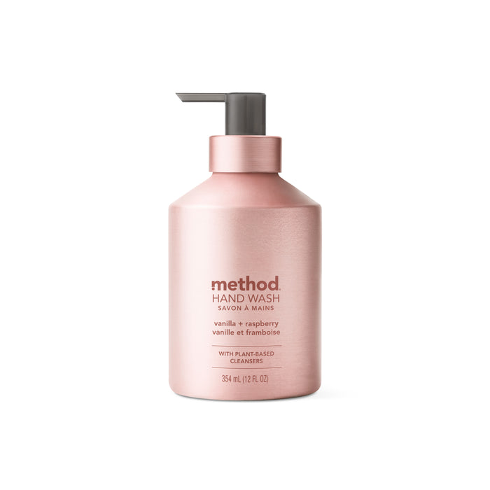 A rose gold bottle of Method hand wash with a pump dispenser, labeled vanilla + raspberry and with plant-based cleansers, containing 354 mL (12 fl oz).