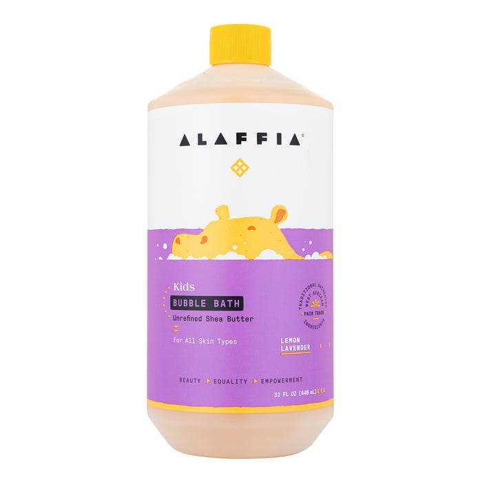 A bottle of Alaffia Kids Bubble Bath in Lemon Lavender scent, featuring a yellow hippo illustration in bubbles on a purple label. The text highlights unrefined shea butter and suitability for all skin types.