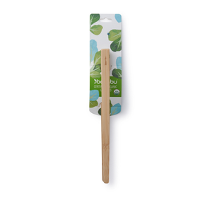 The Small Tongs by Bambu come in eco-friendly packaging, featuring a white background with green leaf designs. The wooden handle is crafted from USDA certified organic bamboo.