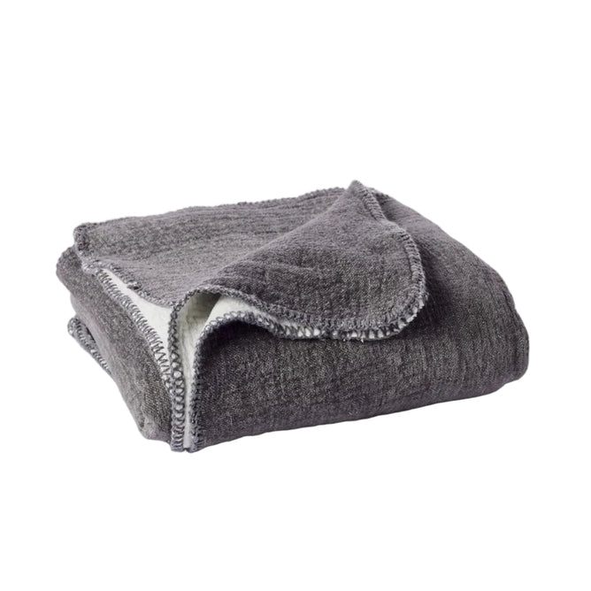 A folded, gray Cozy Cotton Organic Baby Blanket by Coyuchi featuring exposed edge stitching is displayed on a plain white background.