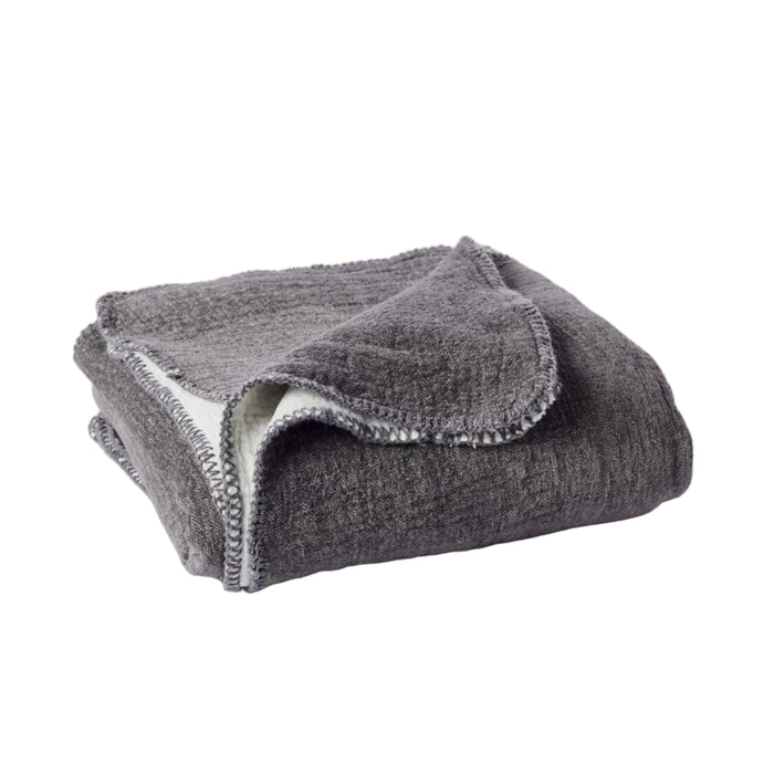 A folded, gray Cozy Cotton Organic Baby Blanket by Coyuchi featuring exposed edge stitching is displayed on a plain white background.