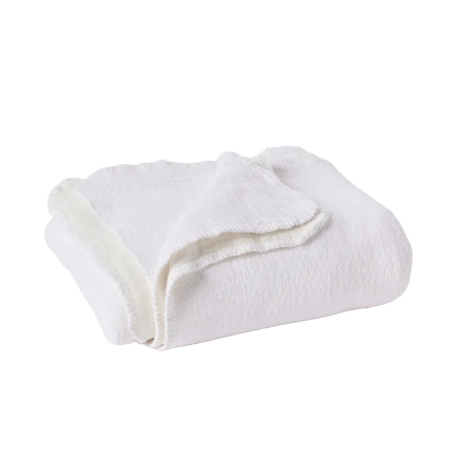 A neatly folded Cozy Cotton Organic Baby Blanket by Coyuchi, in a crisp white hue with textured edges, rests on a plain, light background, evoking the cozy charm of a soft chenille blanket.