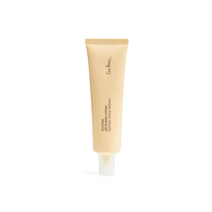 A beige tube of skincare cream with a white cap, standing upright on a white background. The tube has minimalist text and design.