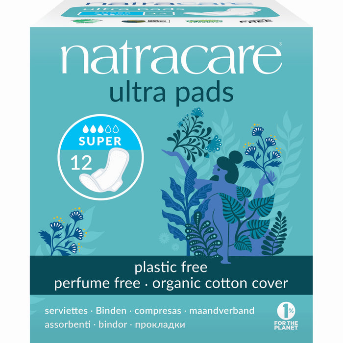 Image of a Natracare Ultra Pads Super with Wings box. The blue packaging highlights compostable features, such as being plastic-free and perfume-free, with an organic cotton cover. The box containing 12 pads features botanical illustrations.