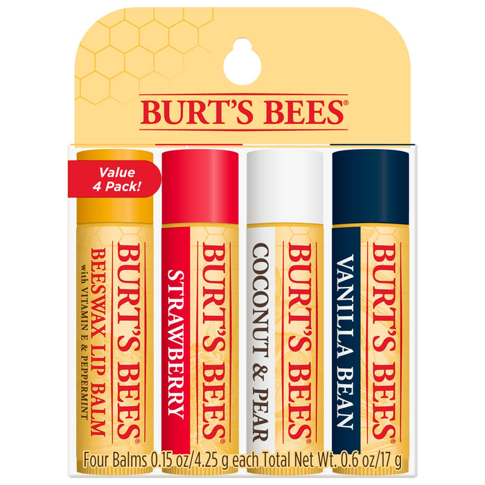 Four Burt’s Bees lip balm tubes in a pack: Beeswax, Strawberry, Coconut & Pear, and Vanilla Bean flavors. The packaging is yellow with red and white text. A label reads Value 4 Pack! at the top left.
