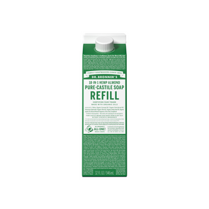The Dr. Bronners Pure-Castile Liquid Soap Refill Carton features eco-friendly packaging, highlights its organic and fair-trade ingredients, and contains 32 fl oz (946 ml) of soap. The green and white rectangular carton has a white cap.