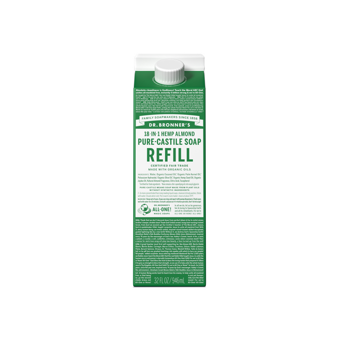 A green and white carton of Dr. Bronner’s 18-in-1 Hemp Almond Pure-Castile Soap Refill, featuring text about the product and its organic, fair trade ingredients. The carton holds 32 fl oz (946 ml).
