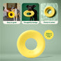 A yellow dog toy is shown with three circular images above. Each circle shows a different feature: a dog grabbing the toy, the toy’s design, and its ability to float in water. Text indicates the toy is easy to grab and that yellow is visible to dogs.