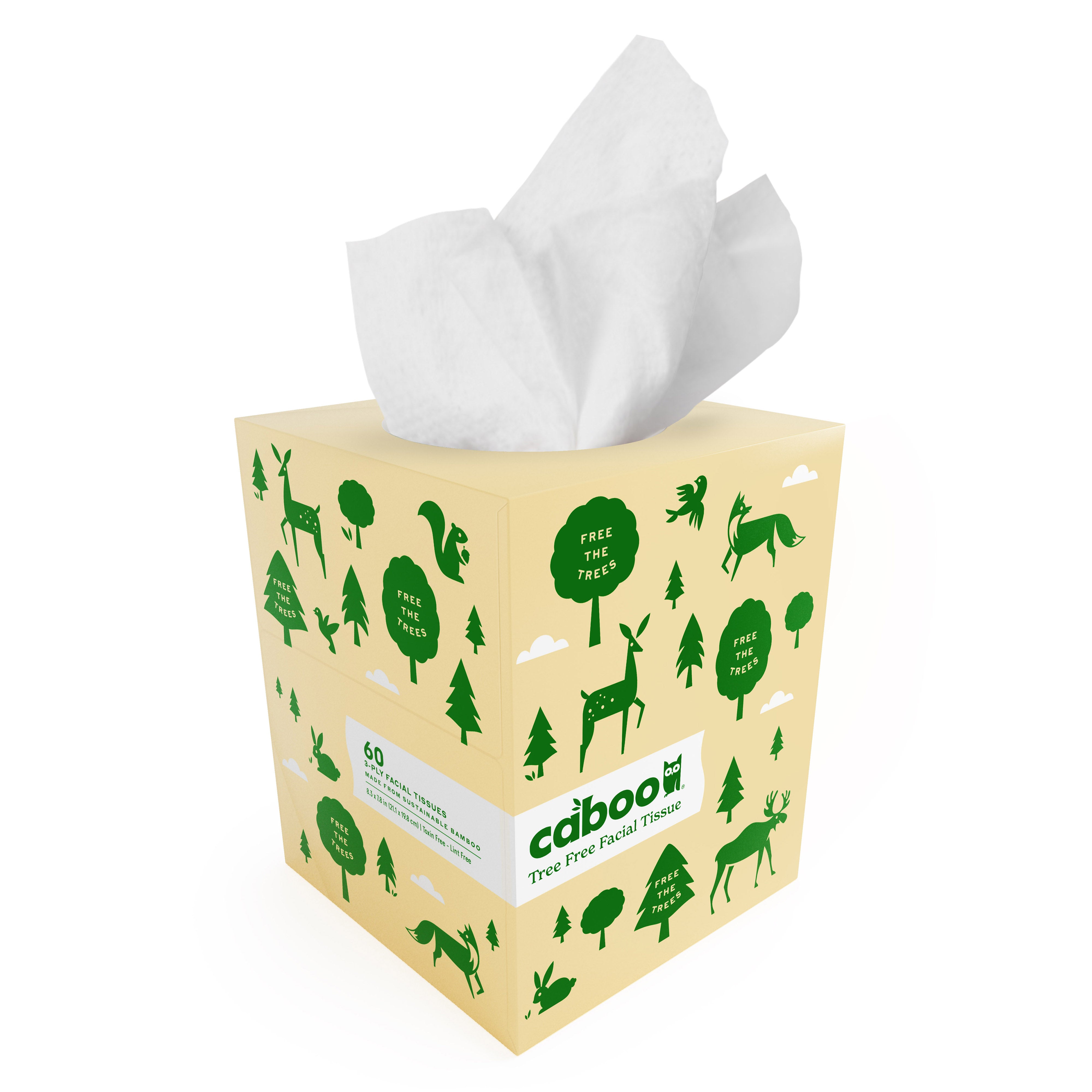 A box of Caboo Facial Tissue rests against a beige background adorned with green illustrations of trees, deer, birds, and the sun. The packaging highlights Tree Free Facial Tissue and Free The Trees, promoting its non-GMO and chemical-free features.