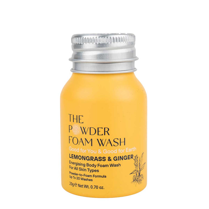 The Powder Shampoos Energising Body Foam Wash in a small yellow bottle is infused with lemongrass essential oil and ginger. This 20g, 0.70 oz powder-to-foam wash suits all skin types and offers up to 20 rejuvenating washes.