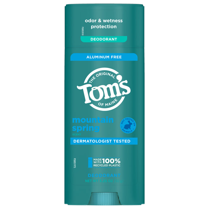 A teal stick of Toms of Maine Mountain Spring deodorant labeled as aluminum free, dermatologist tested, offers odor and wetness protection, and is made with 100% recycled plastic.