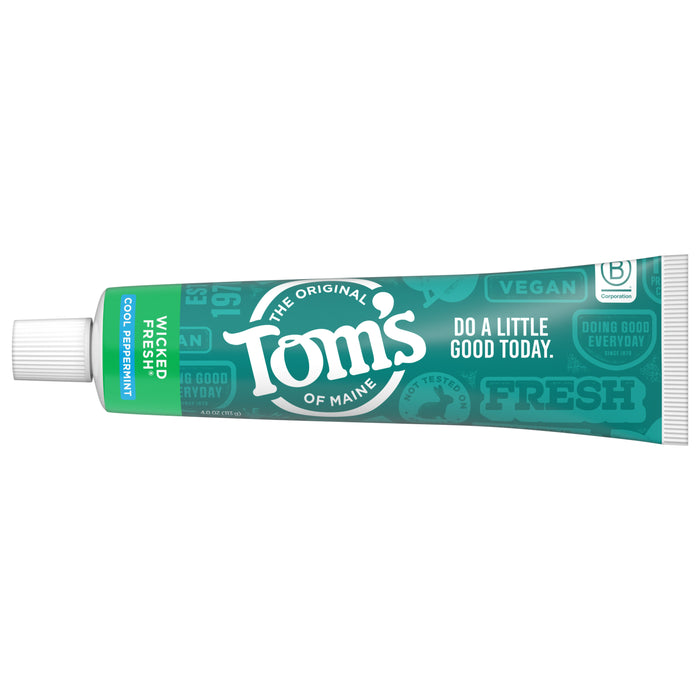 A tube of Toms of Maine toothpaste in Wicked Fresh Cool Peppermint flavor, featuring a green and teal design with the slogan Do a little good today printed on the front.