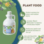 A white bottle labeled "Good Dirt Plant Food - Indoor & Outdoor" is shown, with text noting: perfect nutrition for living soil, includes boost molecules, feeds plants and microbes, and recommends pairing with Good Dirt PlantBiotics.