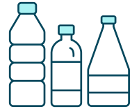Outlined illustration of three different plastic bottles, each with a distinct shape and size, featuring blue caps and simple label designs.