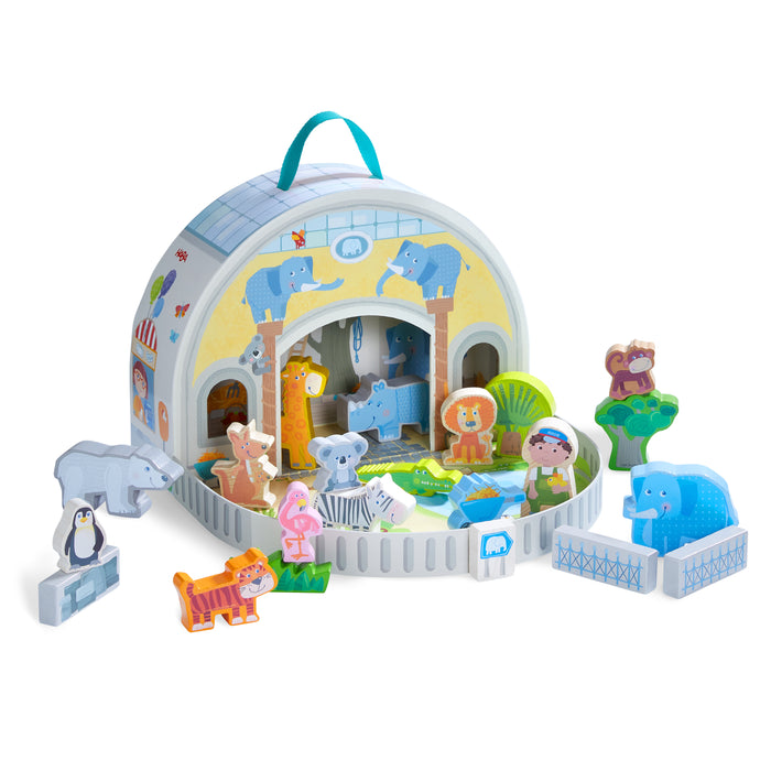 HABA’s Play World at the Zoo, made from sustainably sourced wood, is a colorful playset with a zoo-shaped carrying case and animal figures like an elephant, lion, and zebra. Ideal for children 18+ months who love eco-friendly wooden toys.