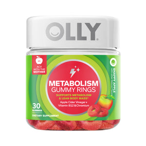 A container of OLLY Metabolism Gummy Rings is shown, highlighting apple cider vinegar and vitamin B12. The label features apples, mentions metabolism support and lean body mass, and includes 30 gummies designed to boost vitality.