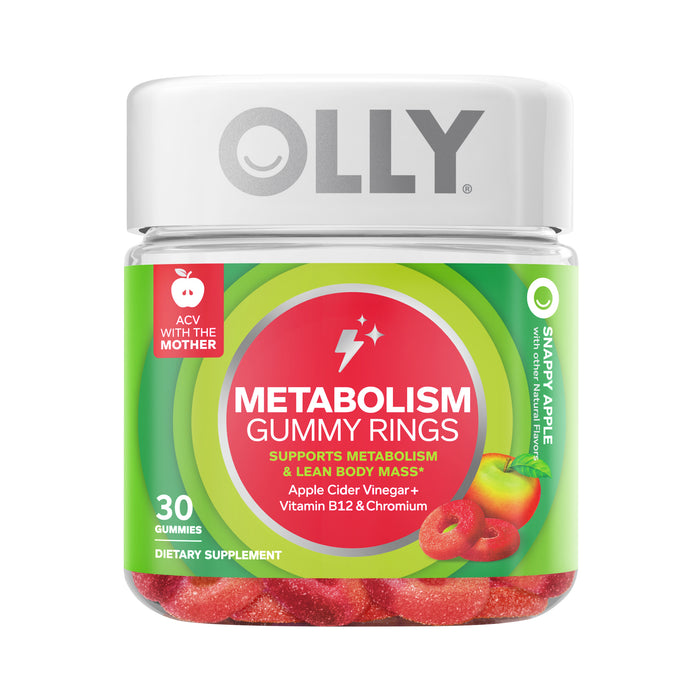 A jar of OLLY Metabolism Gummy Rings, featuring 30 gummies. The label highlights apple cider vinegar, vitamin B12, and chromium, and has a green and red design with images of apples and gummy rings.
