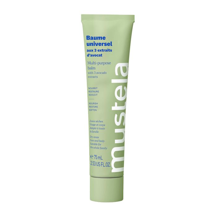 A green tube of Mustela Multi-purpose Balm with 3 avocado extracts, 75ml size, featuring French and English text on the front. The tube is standing upright against a white background.