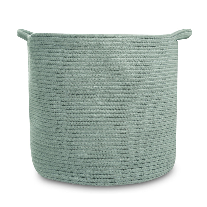 A light green, round woven storage basket with two small handles on opposite sides. The basket has a simple, textured rope design and sits on a white background.