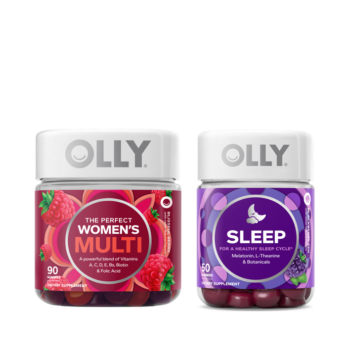 Two bottles from OLLYs Womens Rest Well Starter Set are shown: One is a red-labeled The Perfect Womens Multi with vitamins and folic acid, and the other is a purple-labeled Sleep containing melatonin and botanicals for restful nights.