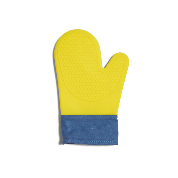 A yellow silicone oven mitt with a textured surface and a blue fabric cuff, shown on a white background.