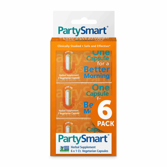 An orange and white box of PartySmart herbal supplement, labeled One Capsule for a Better Morning, contains 6 vegetarian capsules. The packaging highlights it as a 6-pack and a natural supplement.
