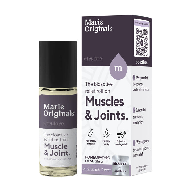 A Marie Originals Muscle & Joint Roll On and box featuring ingredients like peppermint, lavender, and wintergreen, offers targeted relief with illustrated instructions for use.