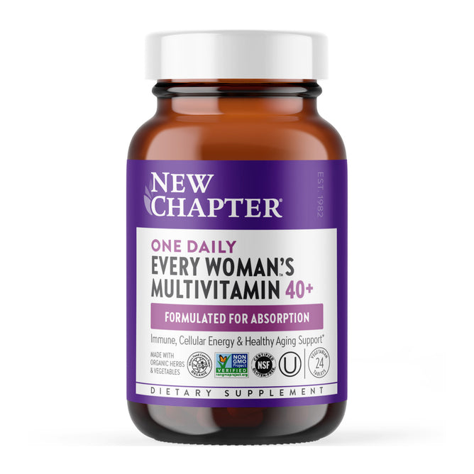 A brown bottle labeled New Chapter Every Woman™'s One Daily 40+ Multivitamin features purple and white packaging. It offers immune, energy, and healthy aging support as a dietary supplement for women over 40.