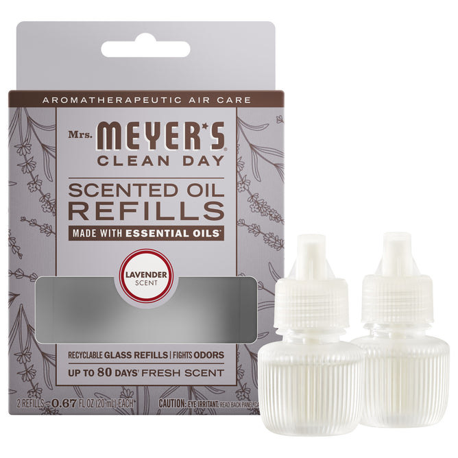 Mrs. Meyer’s Scented Oil Refills 2pk in lavender, with garden-inspired scents and essential oils. Two recyclable glass refills offer a fresh aroma in your diffuser for up to 80 days.